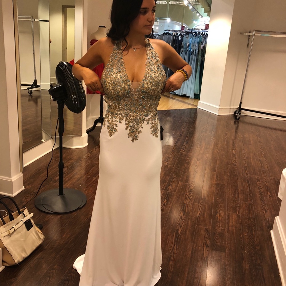 White prom dress (gold/blue beading)